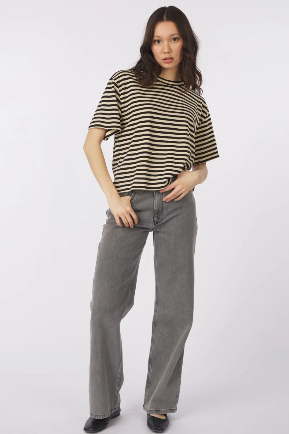 New King Louie T-Shirt Boxy Tee Chopito Stripe Light Grey Denim