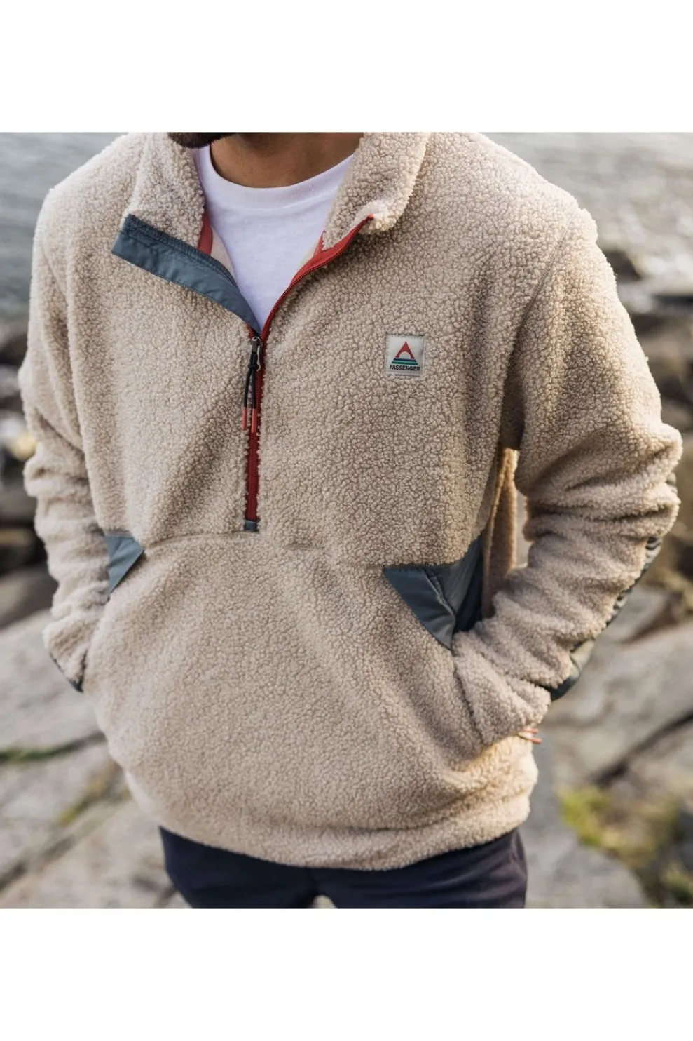 Clearance Passenger Clothing ltd Fleece Mens Muse Polar Lined Sherpa 1/4 Zip Pebble Grey