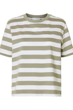 New Selected T-Shirt Essential Stripedoxy Vetiver Stripes Bright White