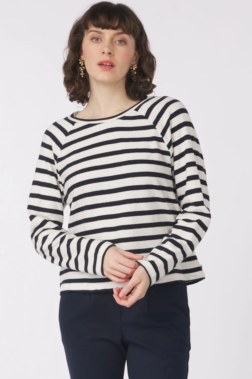 New Tom Tailor Trui Striped Boxy T-Shirt With Buttons Dark Blue Denim