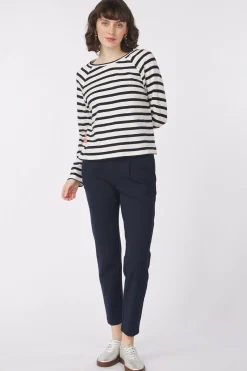 New Tom Tailor Trui Striped Boxy T-Shirt With Buttons Dark Blue Denim
