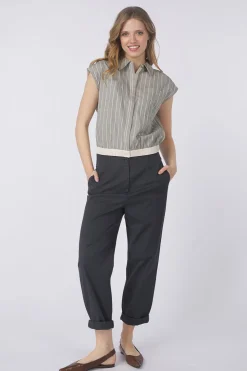 Fashion Yaya Broek Cotton Woven High Waist With Straight Leg Phantom Dessin